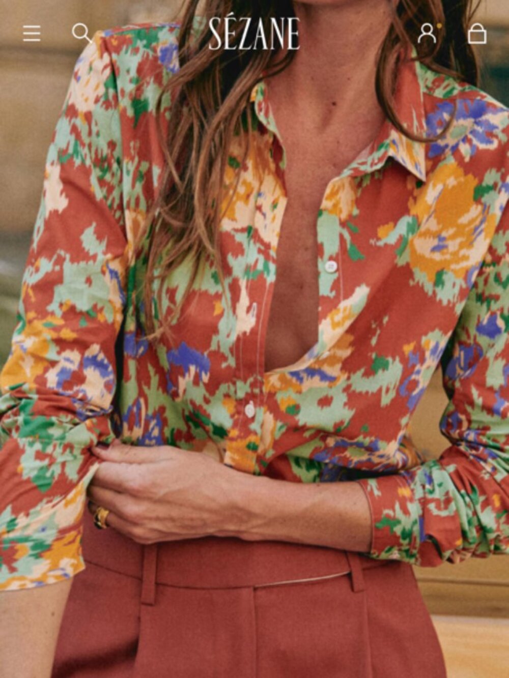 NWT Sézane Pierro Shirt in Fleurs Chinées Camel, Organic Cotton, Size 36 / US 4